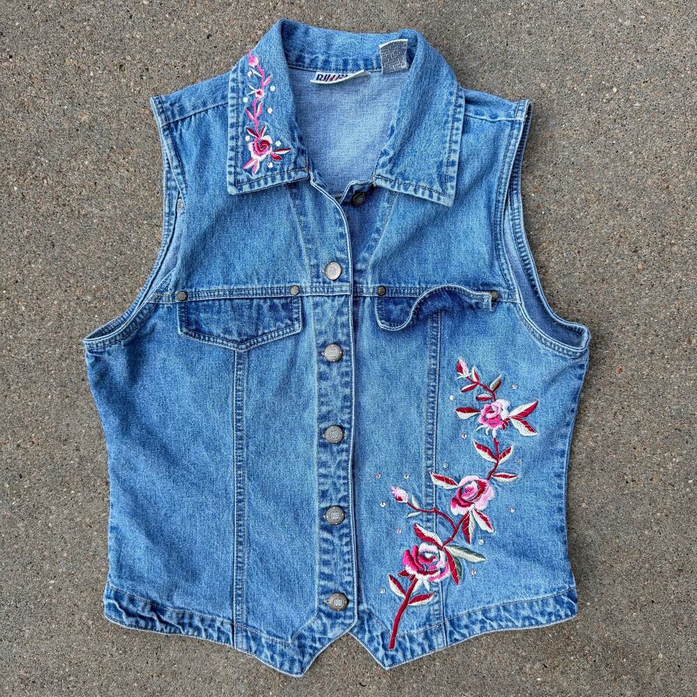 Y2K 2000 Bill Blass Denim Pink Flower Embroidered Bling Sleeveless Blouse SMALL